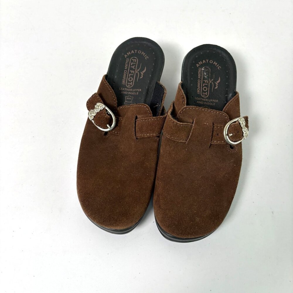 Fly Flot Mules Womens 37 US 5.5 Brown Suede Leather Clogs Buckle Wedge Heel
